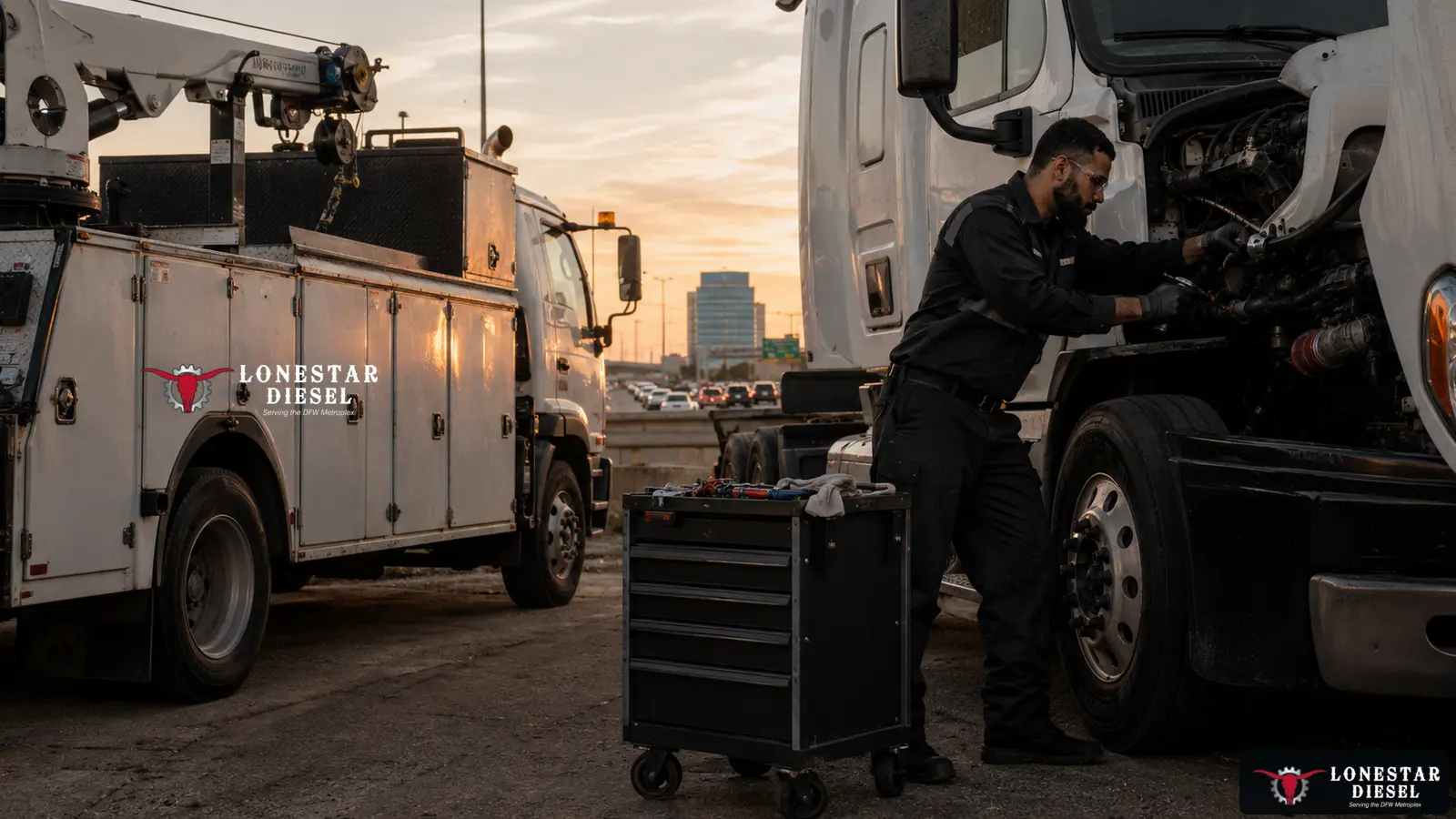 Lonestar Diesel mobile commercial truck service visual for Bedford, Texas near SH 183, SH 121 and Central Drive