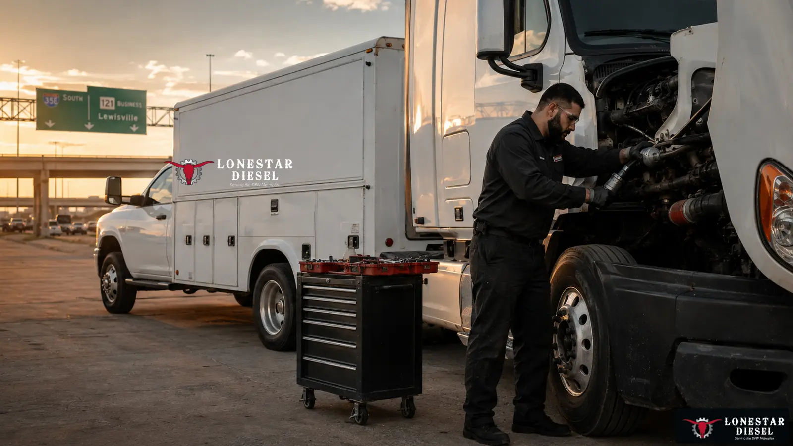 Lonestar Diesel mobile commercial truck service visual for Carrollton, Texas near I-35E, SH 121 and President George Bush Turnpike