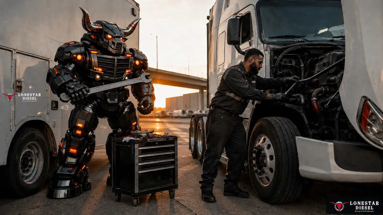 Lonestar Diesel mobile commercial truck service visual for Richardson, Texas near US 75, I-635 and President George Bush Turnpike