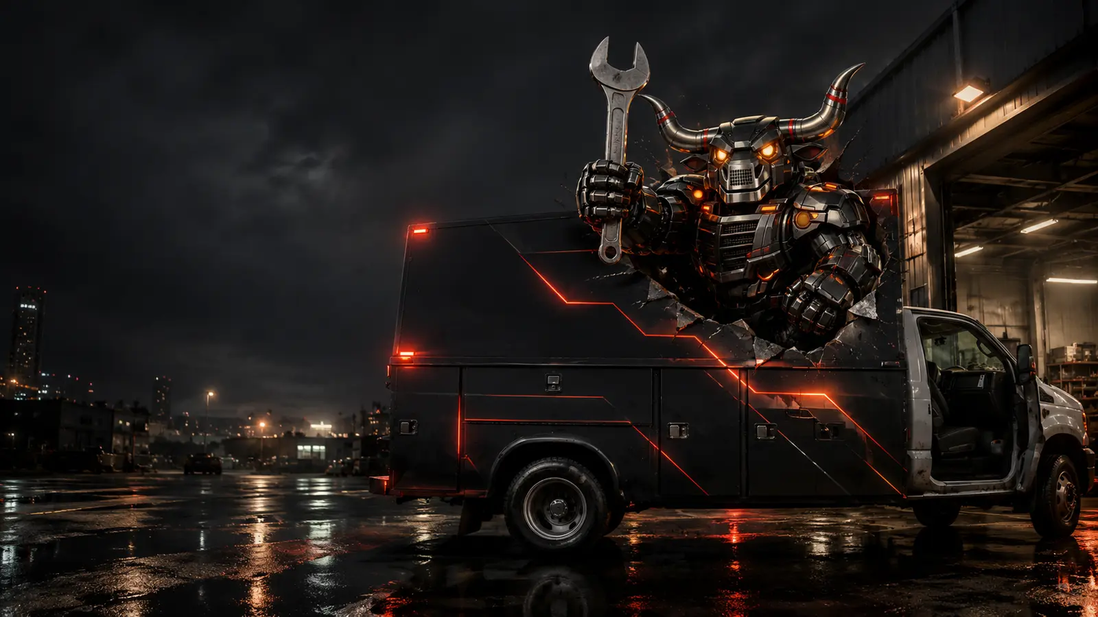 Cinematic Lonestar Diesel mobile service truck with Dieseltron holding a mechanic wrench in a North Texas industrial yard