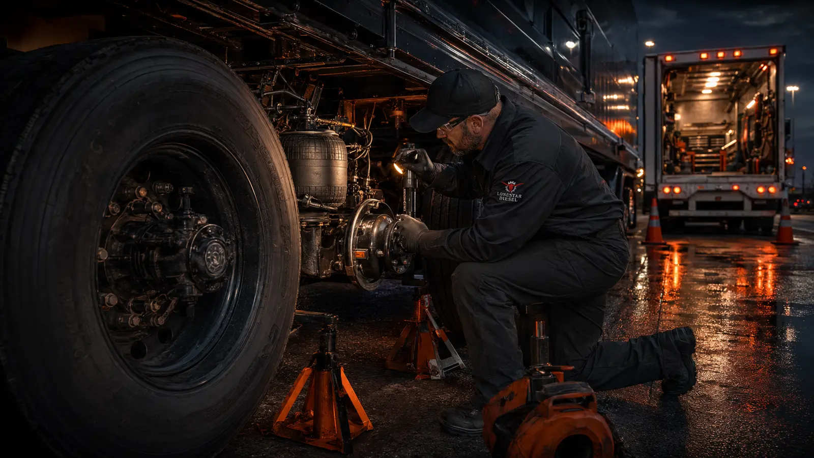 Lonestar Diesel technician inspecting the air-brake and suspension system on a commercial tractor-trailer in DFW.