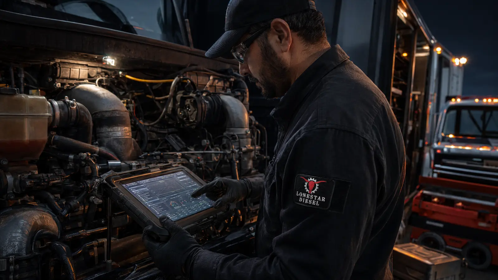 Lonestar Diesel technician using a diagnostic tablet on a commercial semi-truck diesel engine in DFW.