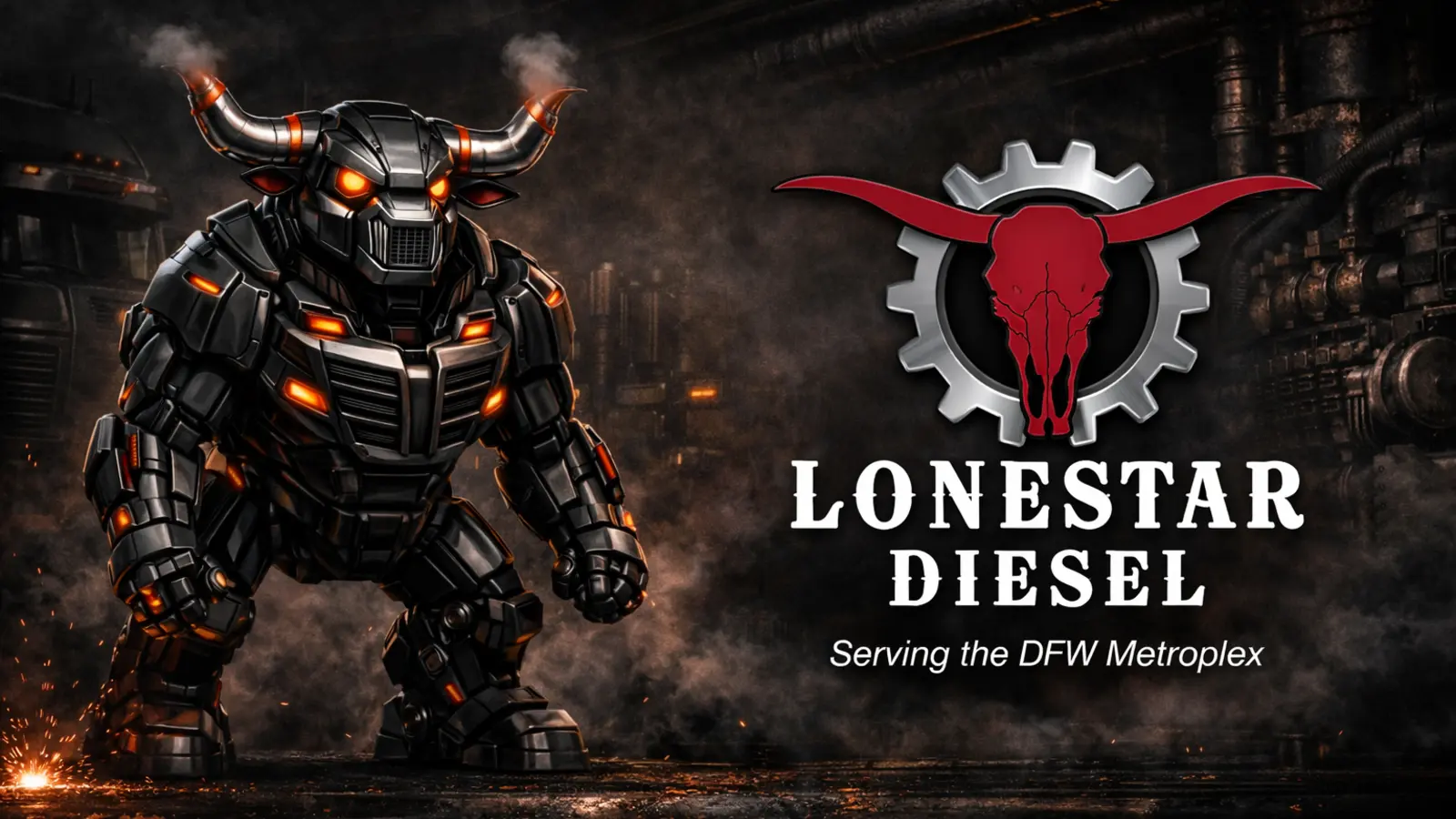 Diesel Tron, the Lonestar Diesel robotic bull mascot, beside the company logo in an industrial diesel repair setting.