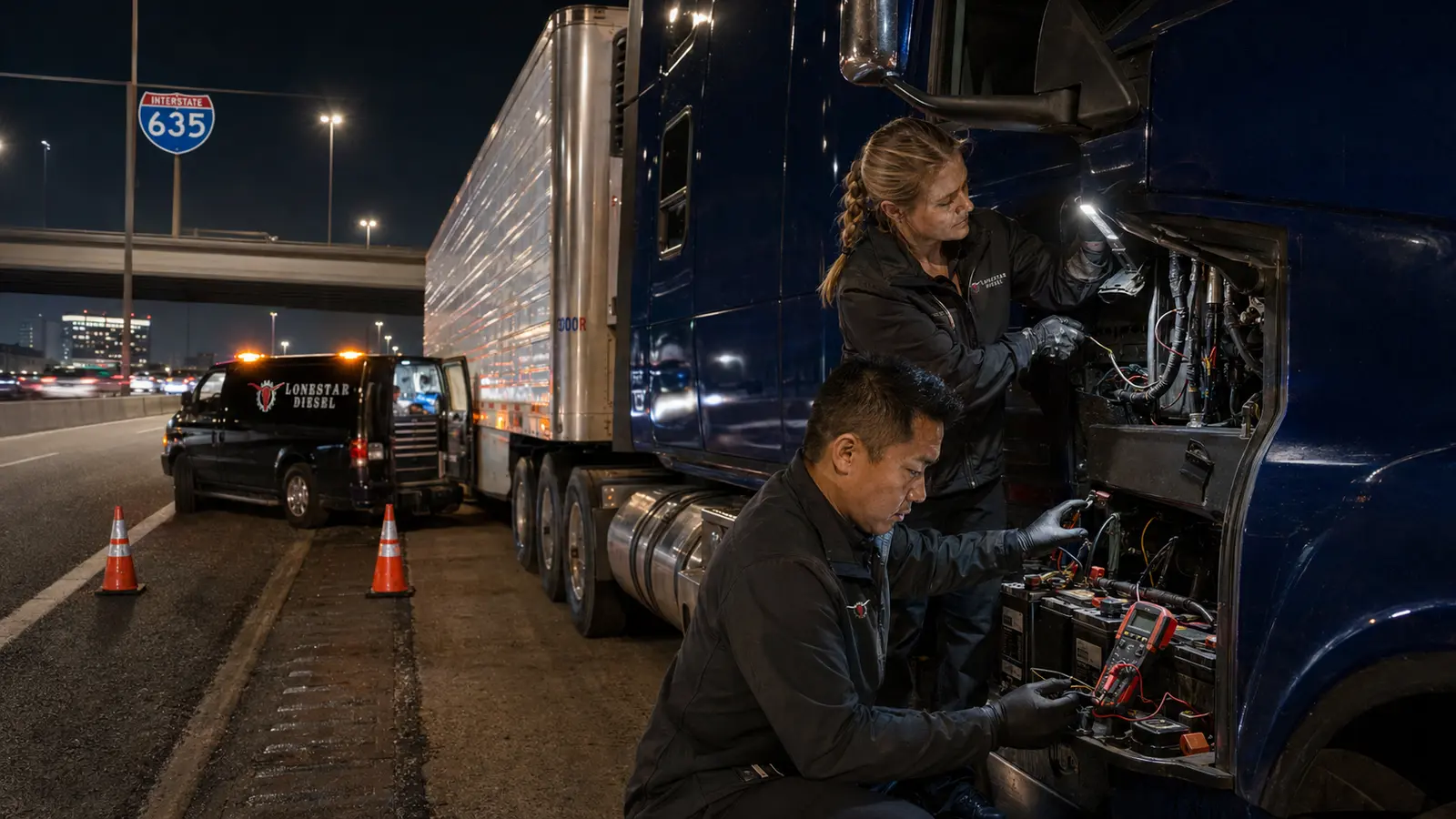 Lonestar Diesel technicians testing the electrical system on a blue tractor-trailer beside Interstate 635 in Dallas at night.