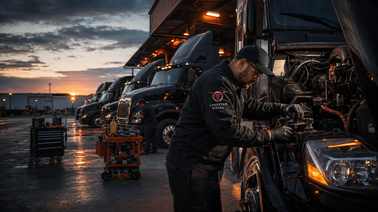 Lonestar Diesel technician performing fleet maintenance on black commercial semi trucks in a DFW fleet yard.