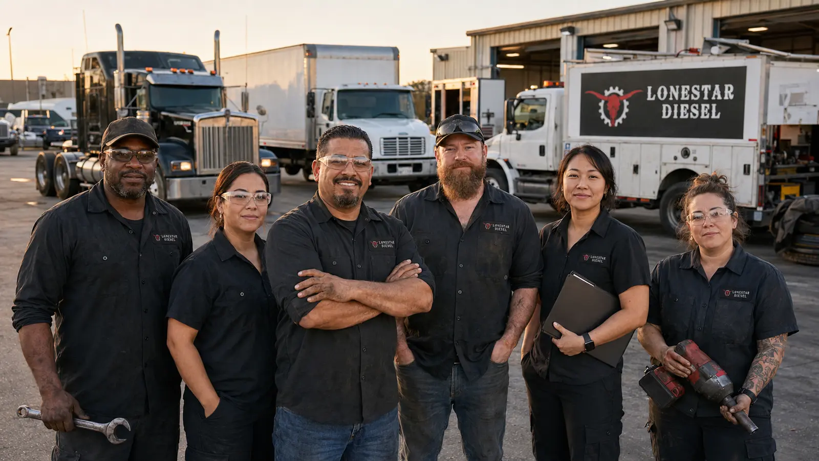 Representative diverse Lonestar Diesel commercial service team standing with semi trucks and mobile repair vehicles in a DFW fleet yard.