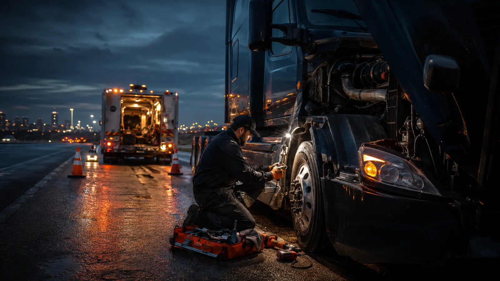 Lonestar Diesel technician performing mobile diesel repair on a commercial semi truck beside a DFW highway at night.