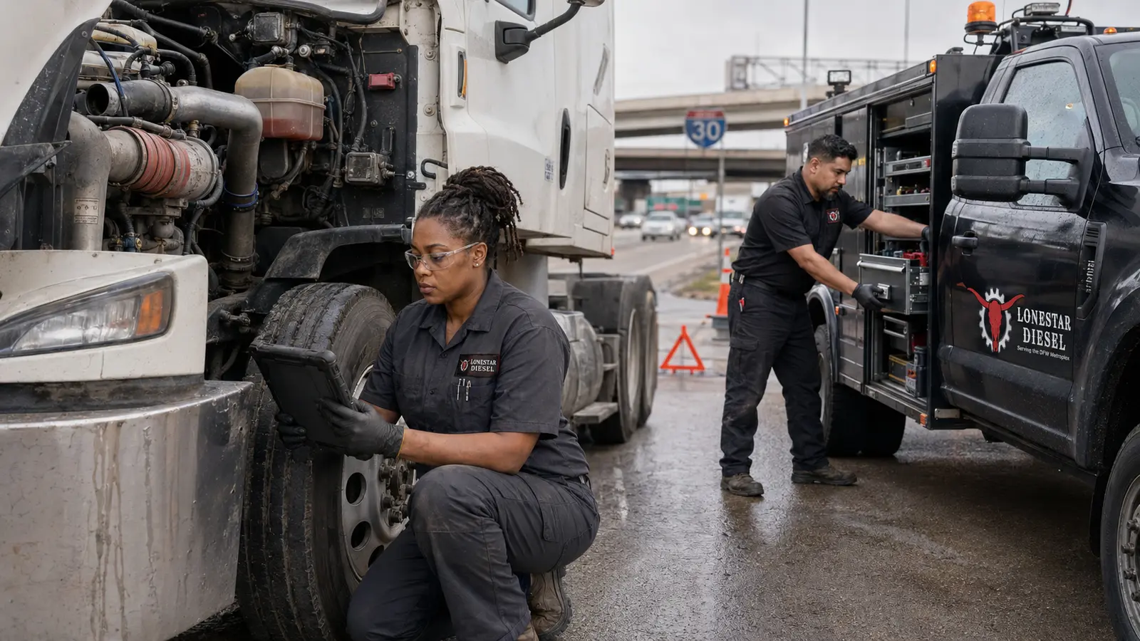 Lonestar Diesel technicians diagnosing a white commercial semi truck beside Interstate 30 in the DFW area.